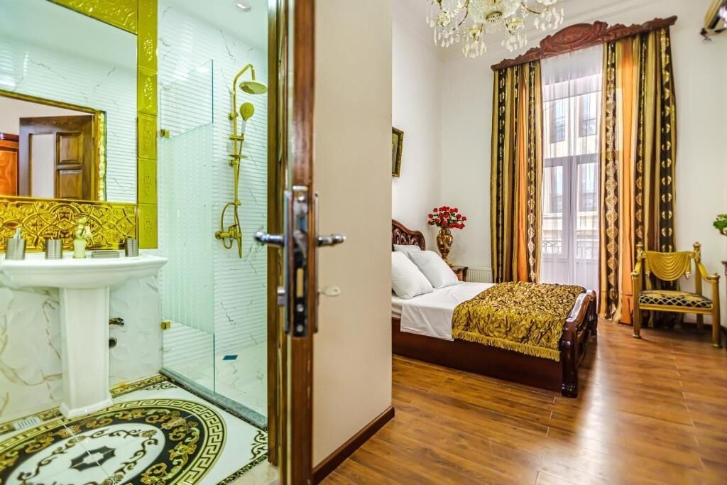 Shower, rainfall showerhead, designer toiletries, hair dryer