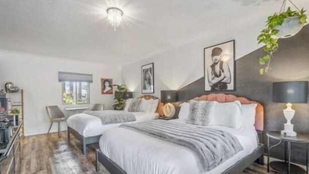 A modern bedroom with a large bed, bedside tables, a desk, and a hanging plant.