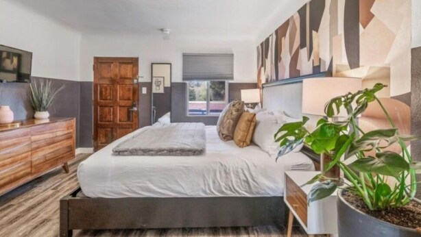 A bedroom with a bed, a wooden dresser, a potted plant, and a wall with abstract art. - B. Abstract: Professional Design + King Bed! (Bandon)