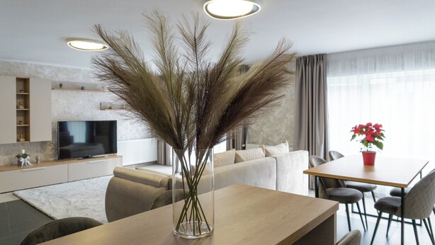 Una sala de estar moderna con una mesa de comedor, un sofá y un televisor.