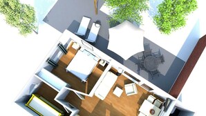 A 3D floor plan of a hotel with a central living area, separate bedrooms, a kitchen, and a dining area. - Apartment 2 - Holiday home Sternmöwe Cuxhaven (Cuxhaven)
