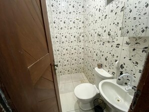Shower, towels, soap, toilet paper