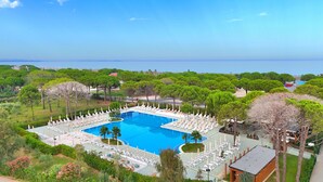 A large rectangular pool surrounded by white lounge chairs and umbrellas, with a view of the sea and greenery in the background. - Perla Resort (Ishëm)