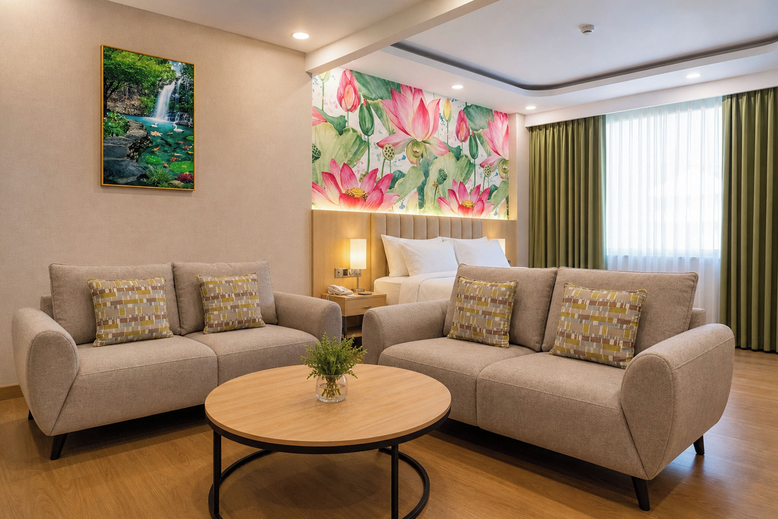 A hotel room with two sofas, a round coffee table, a painting of a waterfall, and a floral mural.