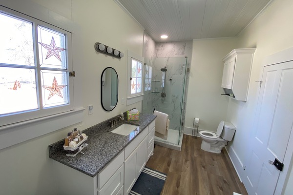 Shower, hair dryer, soap, shampoo