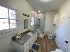 Shower, soap, toilet paper