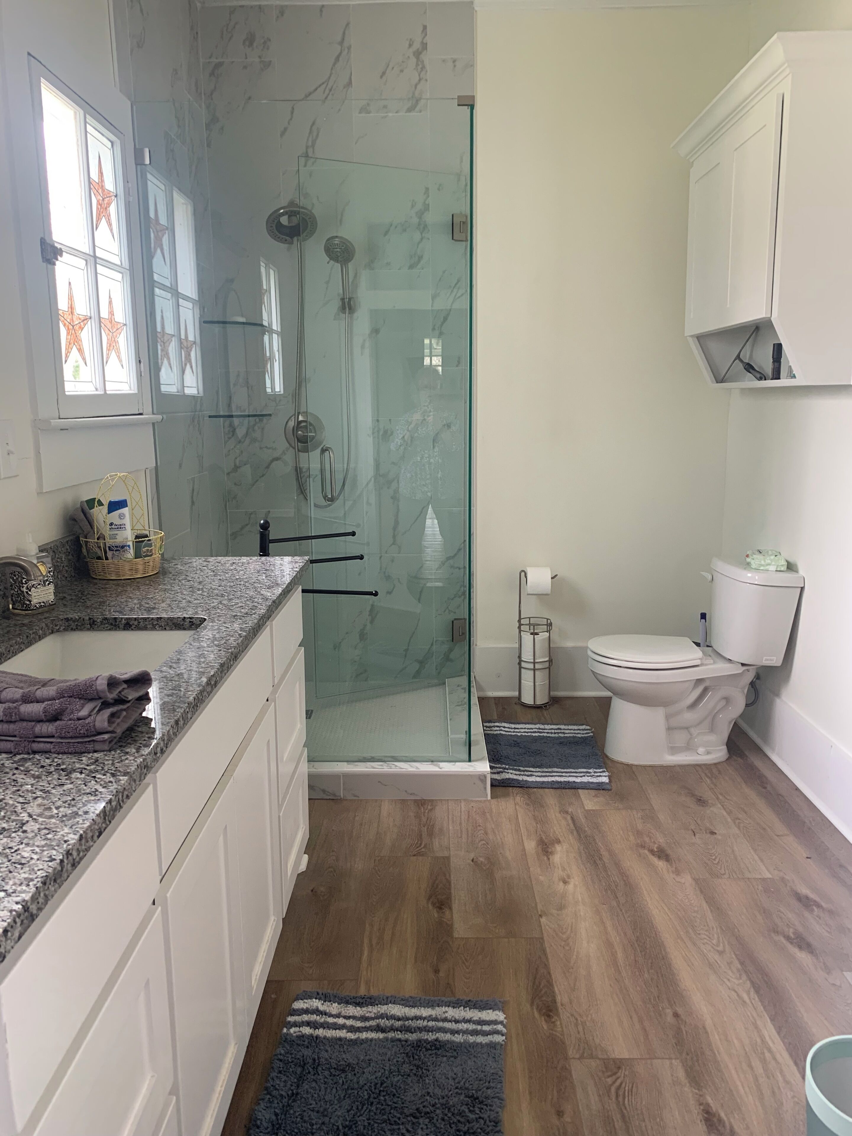 Une salle de bain avec une douche à parois de verre, des toilettes et un lavabo.
