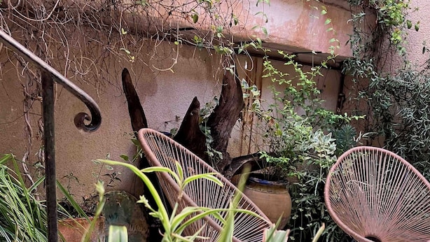 Uma área de pátio com cadeiras de vime, plantas em vasos e uma parede rústica.