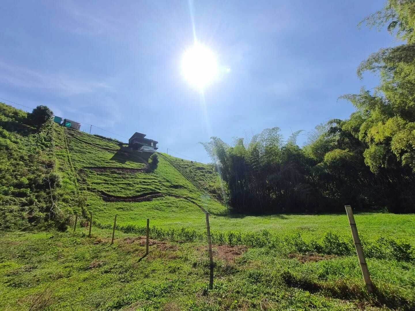 Un paysage verdoyant et luxuriant, avec un bâtiment perché sur une colline et un ciel dégagé.