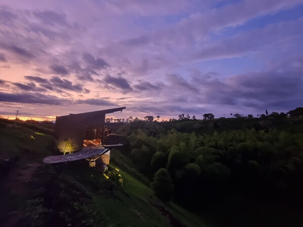 A modern building with a sloped roof, surrounded by lush greenery and a dramatic sunset sky.
