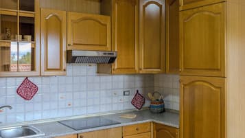 Full-size fridge, stovetop, cookware/dishes/utensils