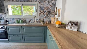 Full-size fridge, oven, stovetop, dishwasher