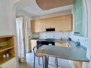 Großer Kühlschrank, Mikrowelle, Ofen, Herdplatte