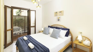 Una camera da letto con un letto, comodini, una sedia e vista attraverso una porta in legno.