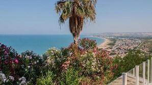 Une vue sur la côte, avec un palmier et des plantes en fleurs au premier plan, donnant sur une plage et une ville.
