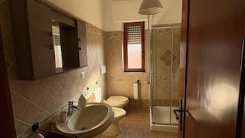 Hair dryer, bidet, towels, toilet paper