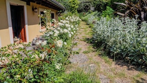 A garden path leading to a house with a yellow facade and a tiled roof. - Casa in Bioedilizia con Bio Piscina Naturale – Ai Due Gelsi (Val Liona)
