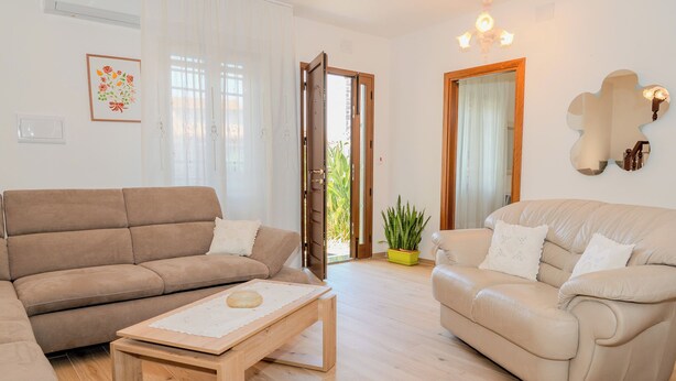 A living room with two sofas, a wooden coffee table, and a potted plant.