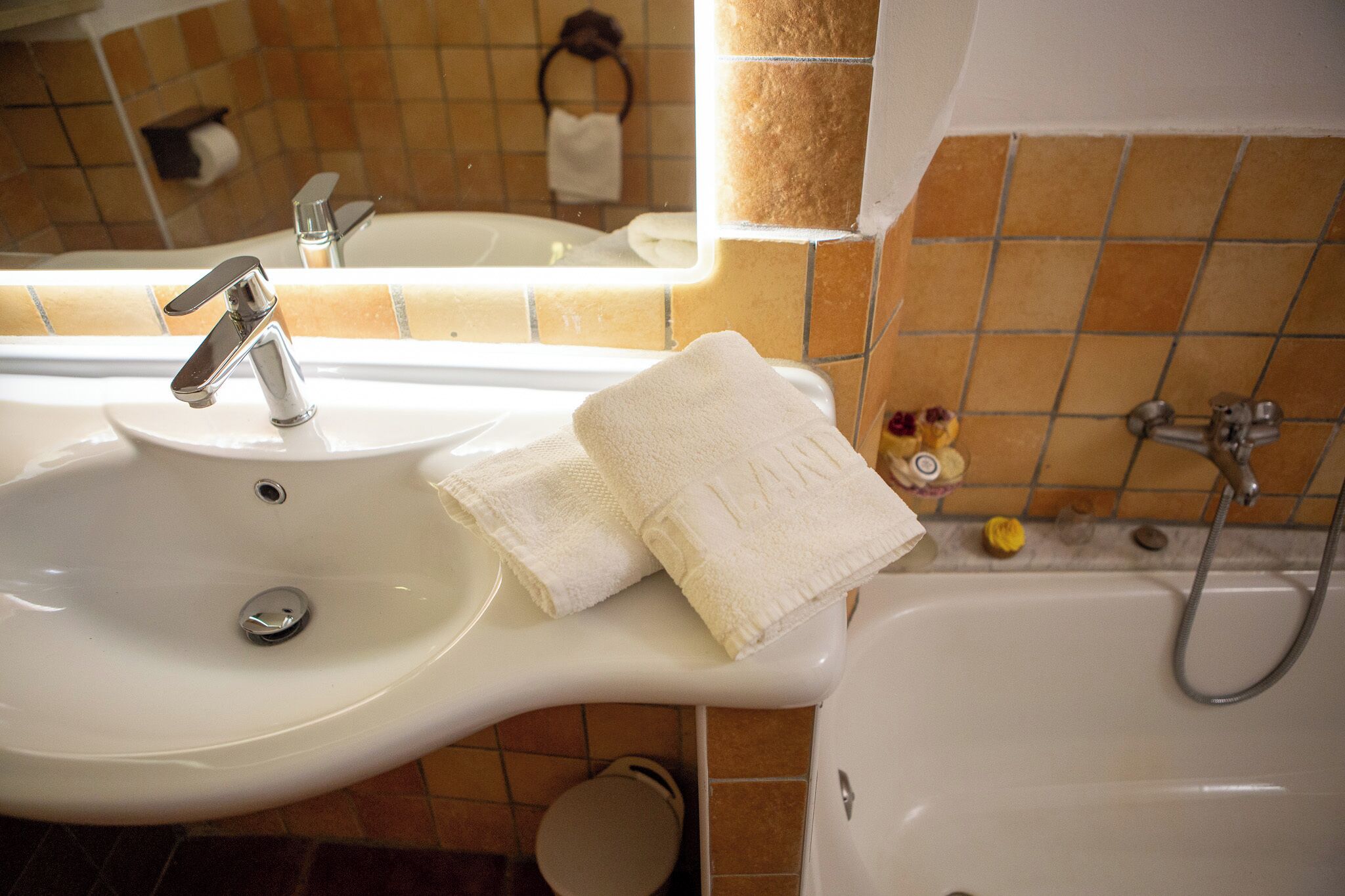 Une salle de bain avec un lavabo, un miroir et une baignoire.