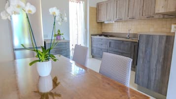 Full-sized fridge, microwave, oven, stovetop