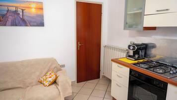 Full-sized fridge, microwave, oven, stovetop