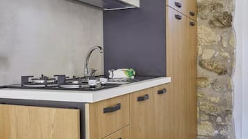 Apartamento exclusivo | Cocina privada | Frigorífico grande, microondas, placa de cocina y utensilios de cocina