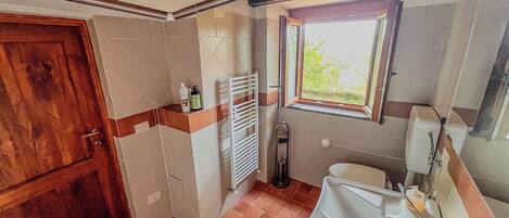 A bathroom with a white sink, a window, and a wooden door.
