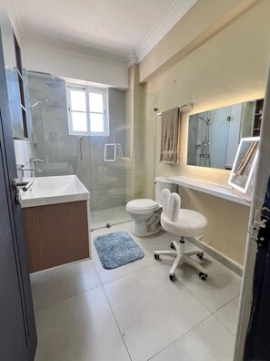 Bidet, towels, soap, toilet paper