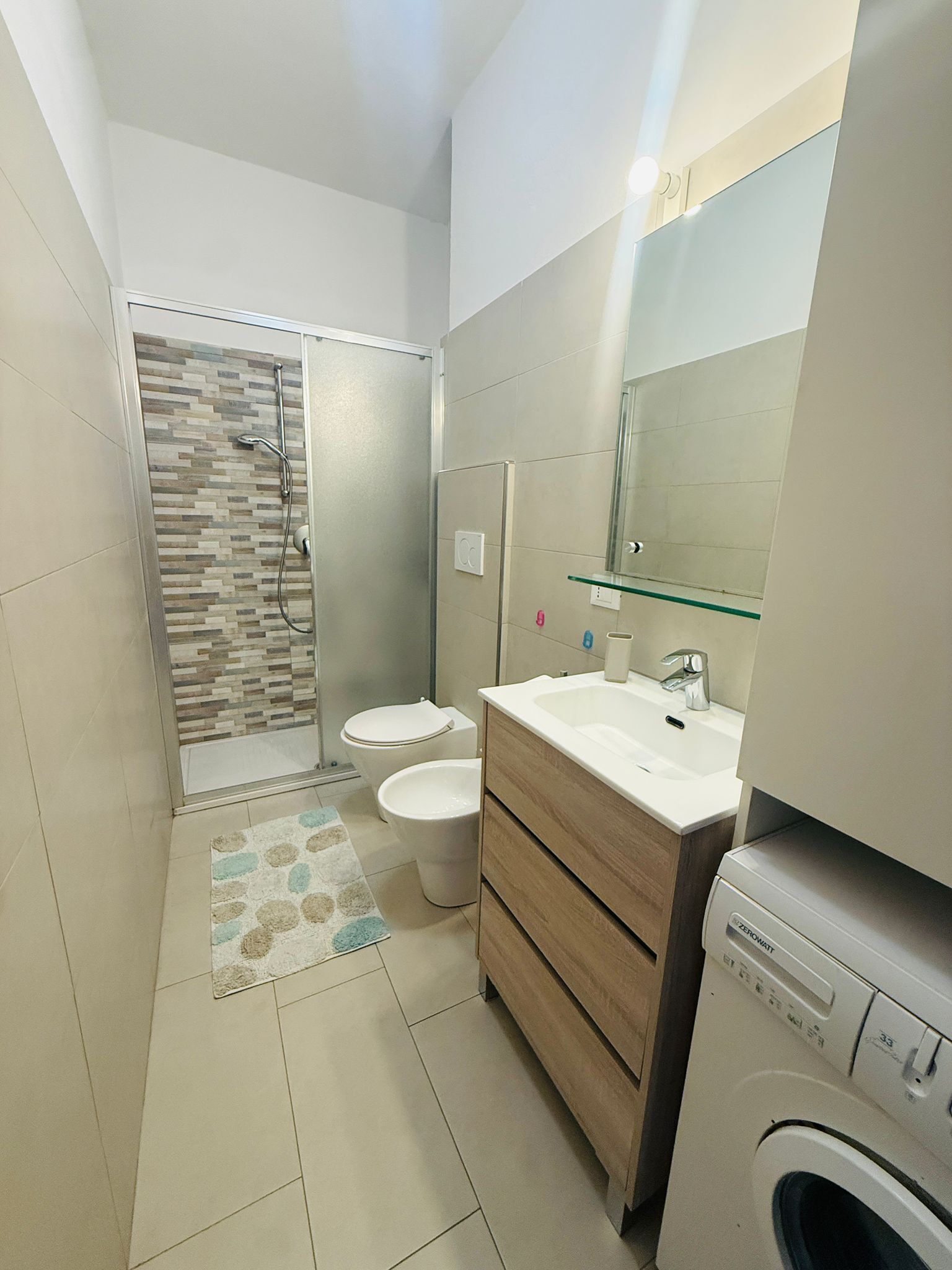 Shower, hair dryer, bidet, towels