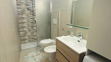 Shower, hair dryer, bidet, towels