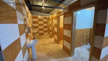 Shower, towels, soap, toilet paper