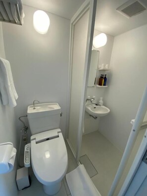 A compact bathroom with a toilet, sink, and shower area. - PREMIUM TOJI (Kyoto)