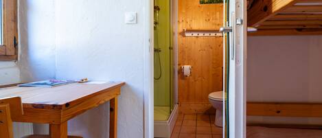 A wooden interior with a wooden table, a shower, and a toilet.