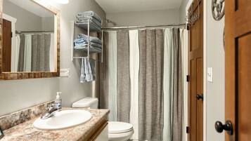 Hair dryer, towels, soap, toilet paper