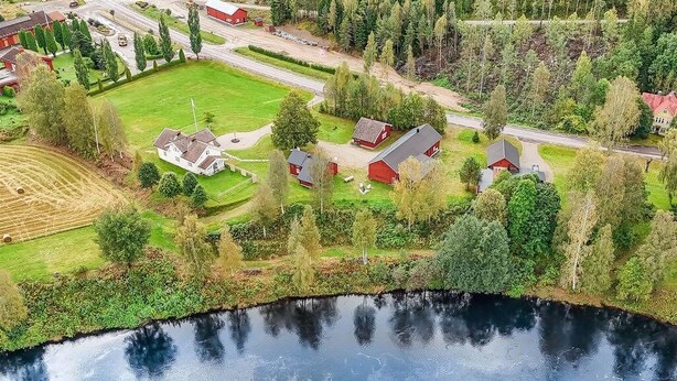 Vista aérea de una zona residencial con casas, un estanque y vegetación circundante.