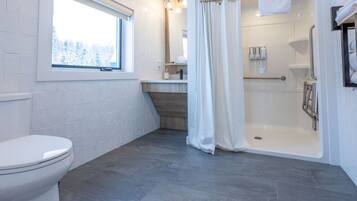 A modern bathroom with a toilet, a shower with a glass door, and a sink.