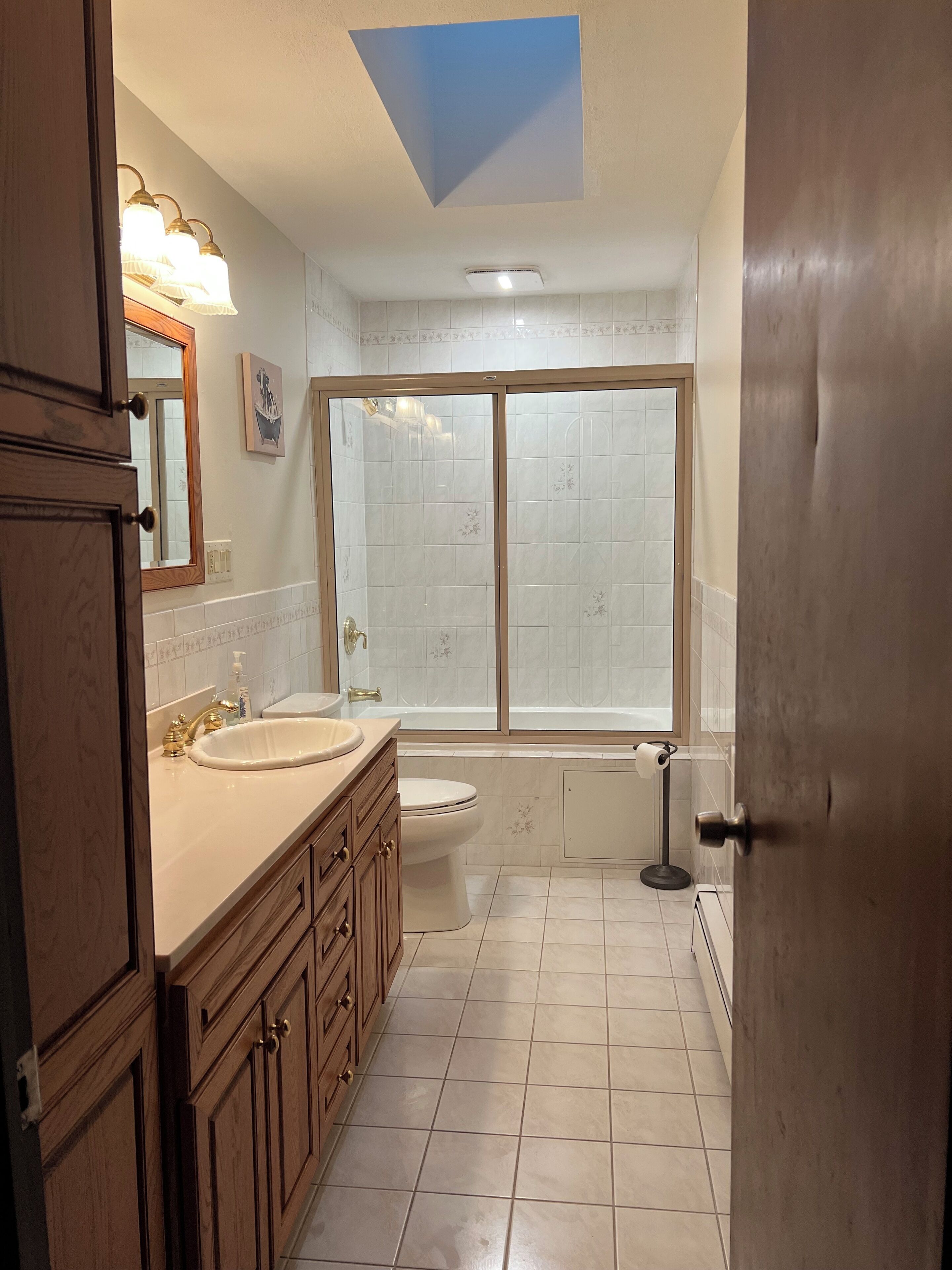 Hair dryer, towels, soap, toilet paper