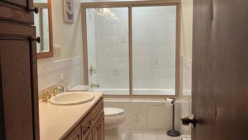 Hair dryer, towels, soap, toilet paper