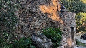 A stone wall with a lantern, surrounded by greenery and a road. - Domaine Santu Matteu (Olmeto)