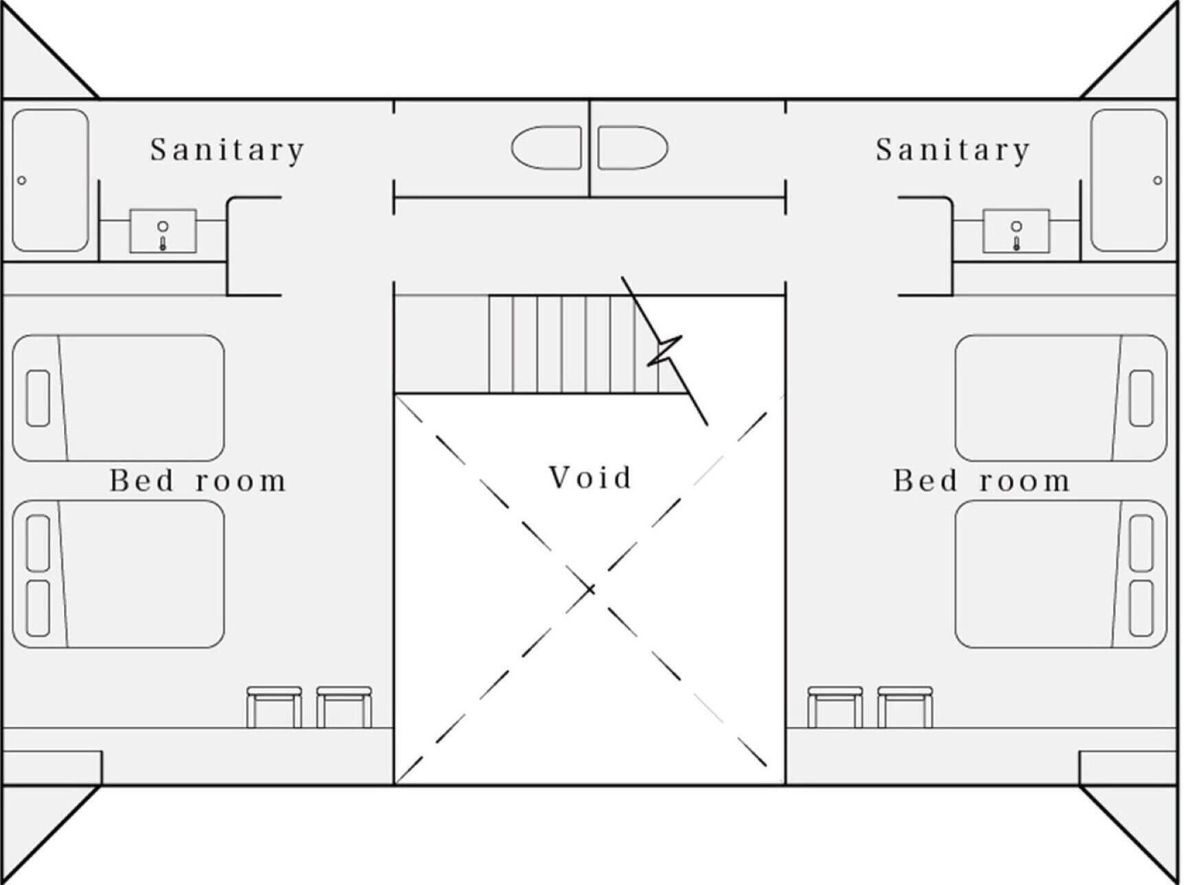A floor plan with two bed rooms, a void, and two sanitary areas.