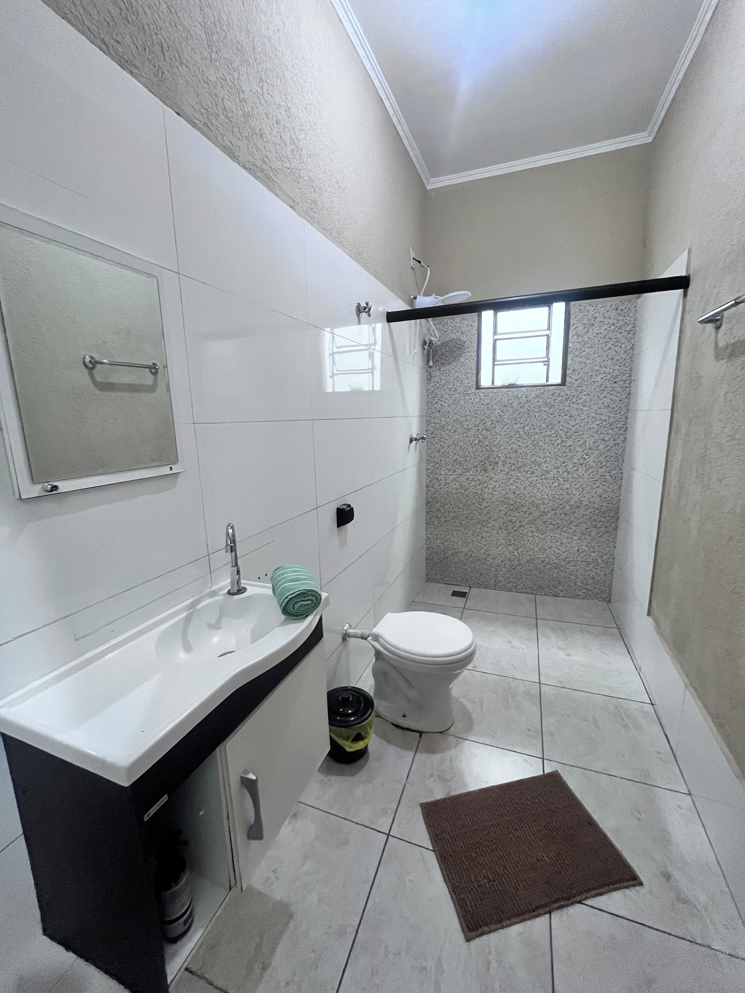 Shower, towels, soap, toilet paper