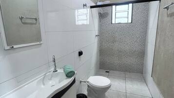 Shower, towels, soap, toilet paper