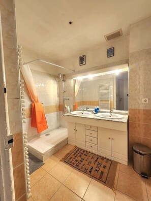 Douche, sèche-cheveux, serviettes fournies, savon