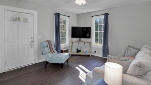 A living room with a ceiling fan, a television on a wooden stand, a blue armchair, a grey sofa, and a white door. - The City Cottage (West Columbia)