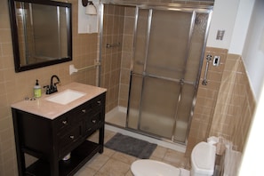 Shower, jetted tub, hair dryer, towels