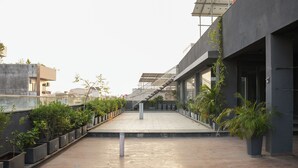 Eine Dachterrasse mit Topfpflanzen, einem Betonboden und moderner Bausubstanz.