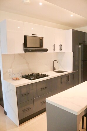 Fridge, microwave, stovetop, coffee/tea maker