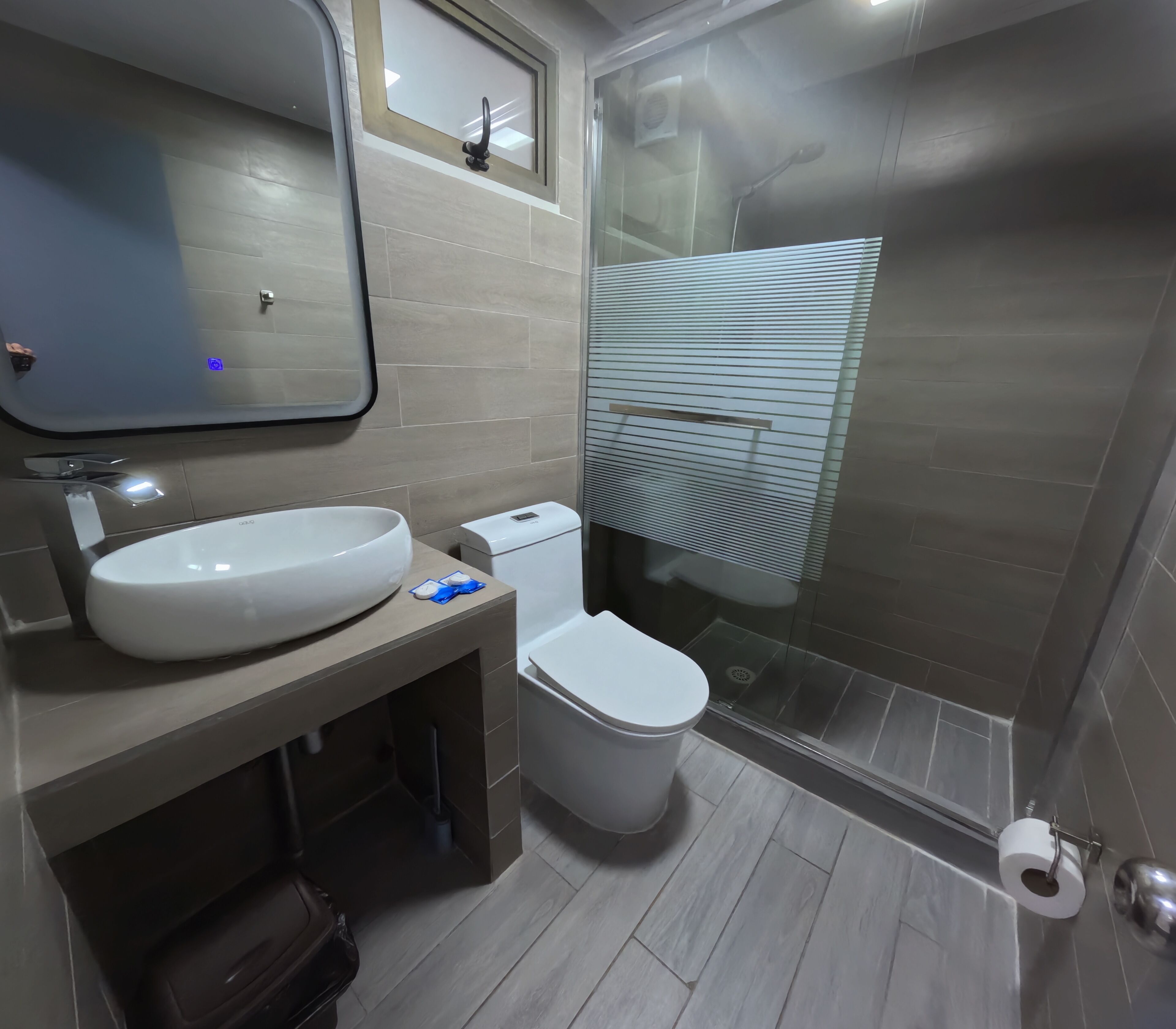 Une salle de bain moderne avec un grand lavabo, des toilettes et une douche à parois de verre.