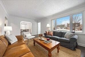 Smart TV, fireplace, books