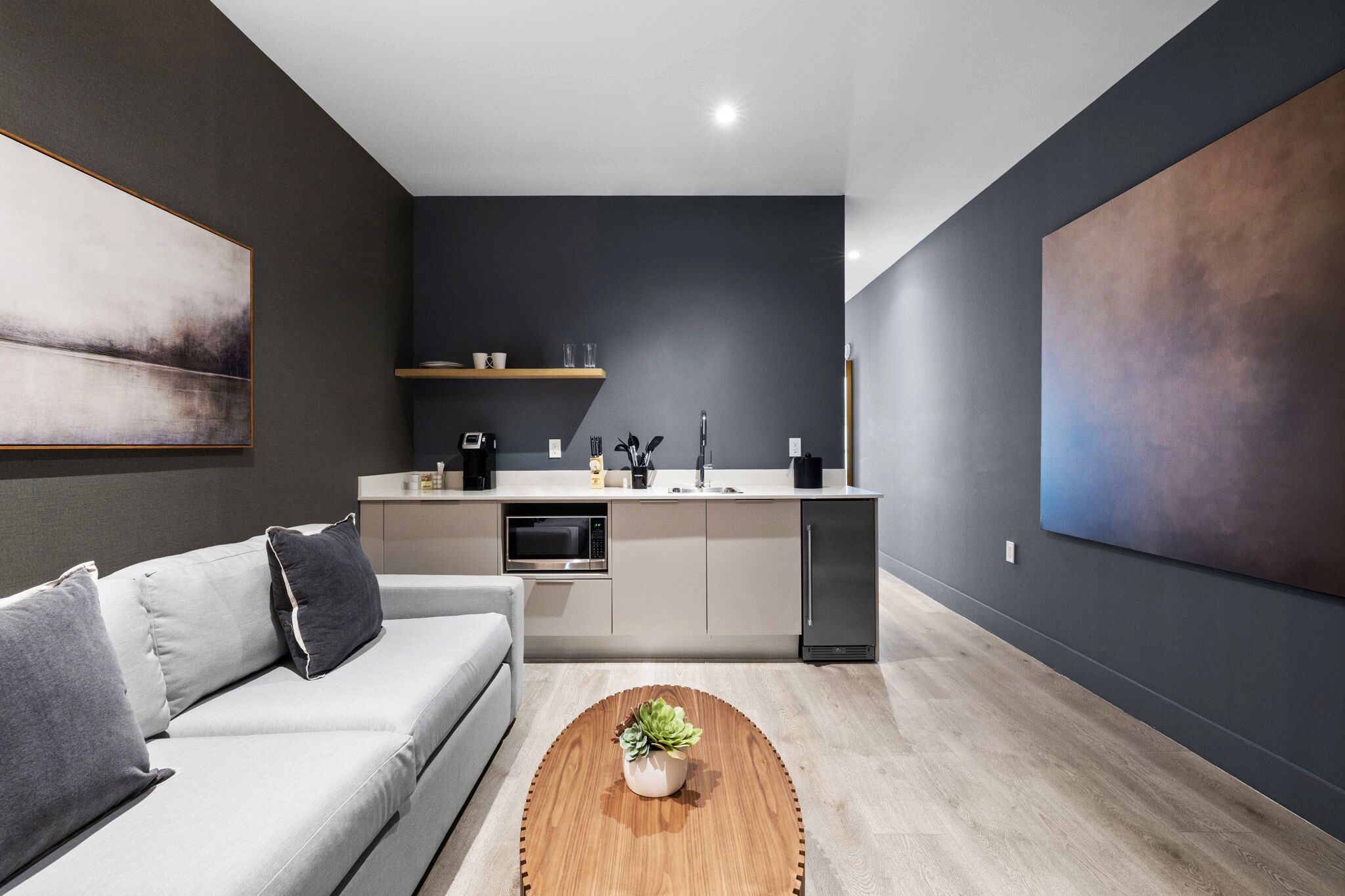 Un salon moderne avec un canapé gris, une table basse en bois agrémentée d’une plante, un coin cuisine avec un four à micro-ondes et un grand tableau abstrait accroché au mur.